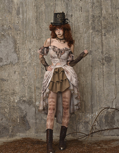 Clearance - Size M for Bust 82-90cm Pictorial Print Neckline Summer Cami Top with Detachable Puff Sleeves