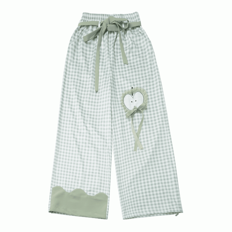 Green Plaid Pattern Apple Embroidery Drawstring Cuffs Casual Pants with Self-tie Belt