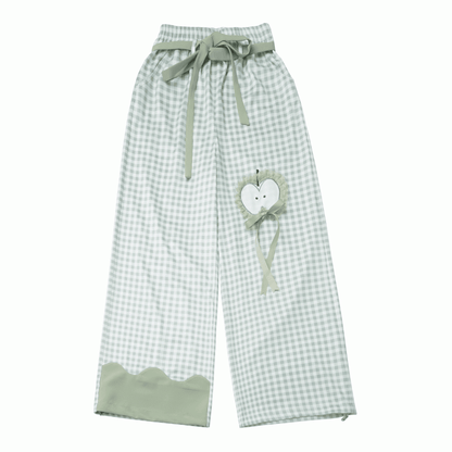 Green Plaid Pattern Apple Embroidery Drawstring Cuffs Casual Pants with Self-tie Belt