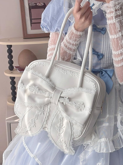 White Square Lolita PU Shoulder Bag Featuring 3 Lace Trim Styles and a Large Bow