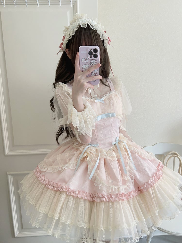 Pink Balletcore Small Bows Fabric Short Dress Lolita Jumper Skirt