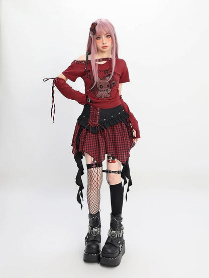 Y2K Red & Black/Black & Gray Plaid Handkerchief Hem Skirt with Lace-up Detail