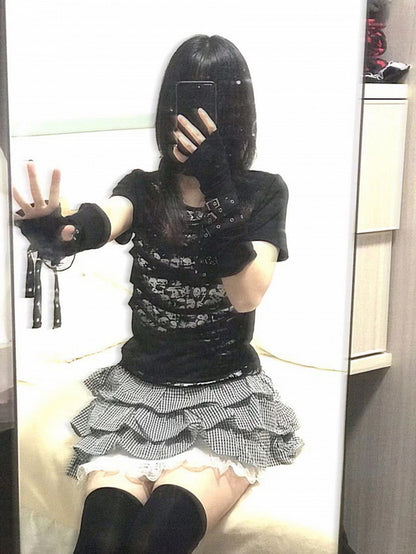 Black Skeleton Print Hollowed-out Punk T-shirt + Buckle Straps Detachable Sleeves