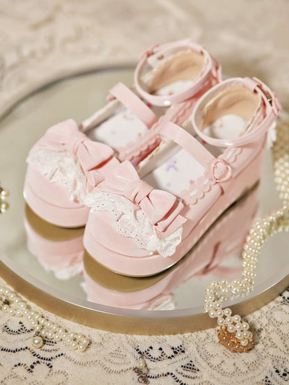 Baby Pink Bow at Top Lace Trim Heart Buckles Platforms
