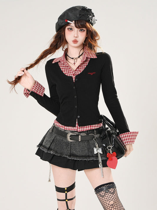 Red Plaid and Black Faux Two-pieces Slim-fitting Top
