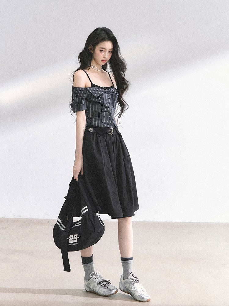 Off-the-shoulder Neckline Black and Gray Striped Top Faux Two-pieces