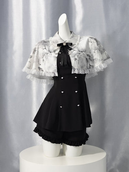 Jirai Kei Three Pieces Set Short Puff Sleeves Top Black Shorts and Grey Floral Print Cape