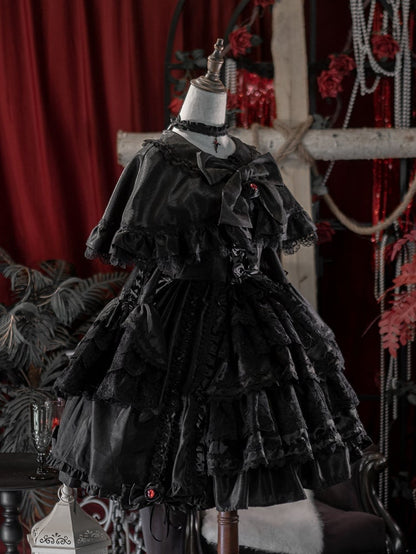 Black Gothic Layered Bell Sleeves Drawstring Skirt Kuro Lolita Dress + Cape