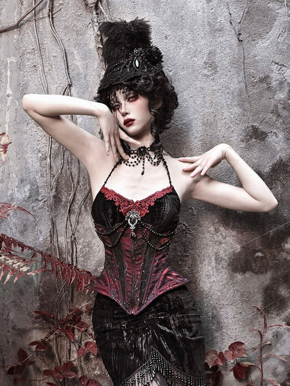 Victorian Goth Handmade Beads Halter Neckline Velvet Corset Top