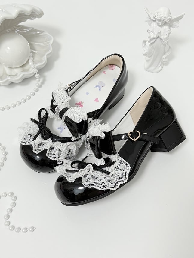 Black Bowknot Details Lace Trim Round Toe Lolita Shoes