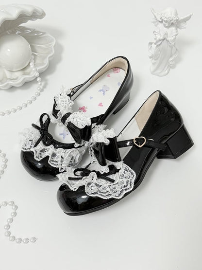 Black Bowknot Details Lace Trim Round Toe Lolita Shoes