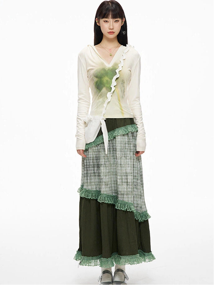 Serenity Sweety Green Plaid Patchwork Skirt with Lace Trim