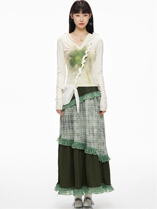 Serenity Sweety Green Plaid Patchwork Skirt with Lace Trim