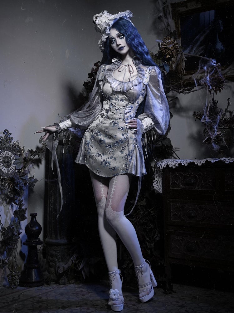 Dusty Blue Under Bust Floral Jacquard Corpse Bride Overall Dress