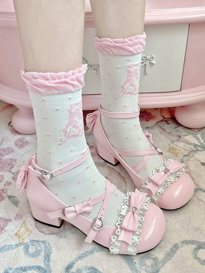 Black/Pink Anime Girl Polka-dot Pattern Lolita Calf Socks