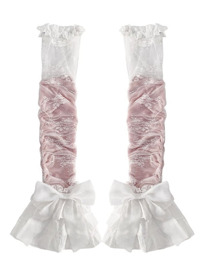 Lace Details Pink/Blue Bowknot Leg Sleeves with Tiered Cuffs