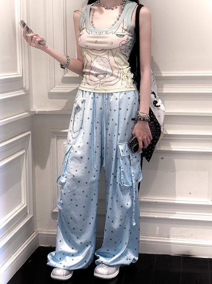 Allover Star Print Drawstring Waist Blue Wide-leg Cargo Pants