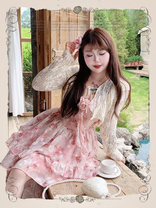 Plus Size Apricot Self-tie Straps Hollow-out Lace Top