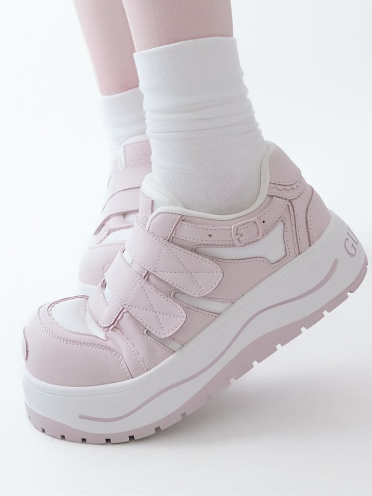 Pink Velcro Strap Closures Platform Sneakers