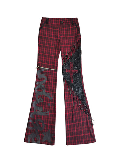 Lace-up Detail Red and Black Plaid Punk Rock Cutout Pants