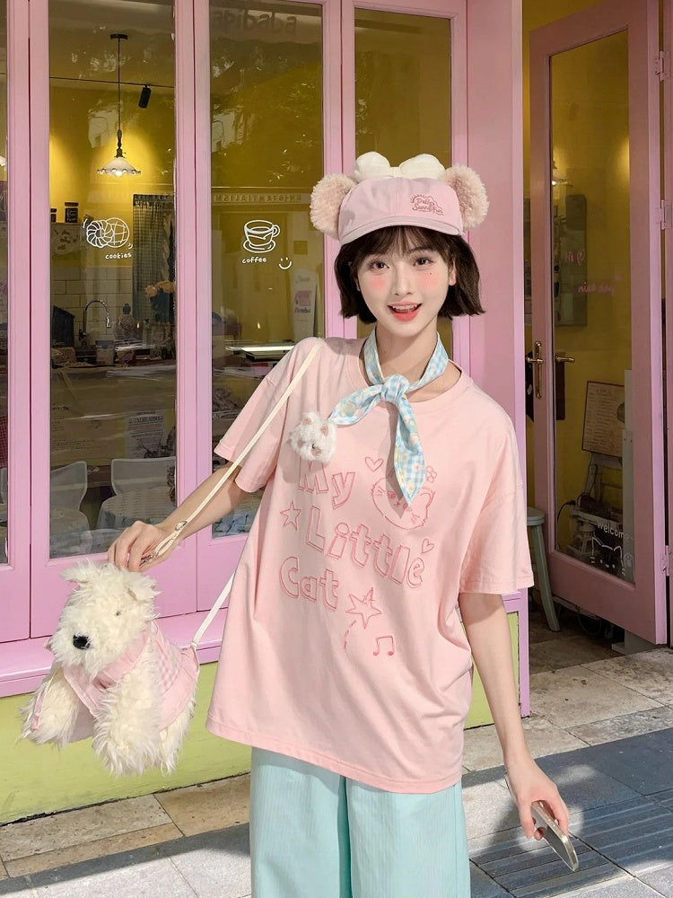 Pink/Mint Blue Round Neck Kitty Print Loose T-shirt with Kitty Plushie