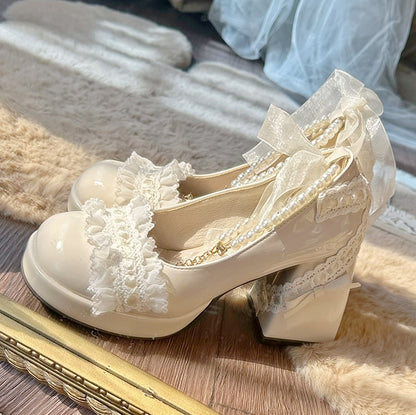 Beige Bow Accent Detachable Beaded Chain Lolita Block Heels