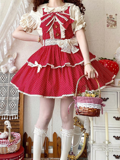 Red Polka-dot Pattern Old School Lolita Overall Dress