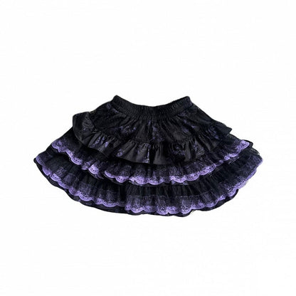 Black&White/Black&Purple Vintage Punk Tiered Skirt with Lace Trim