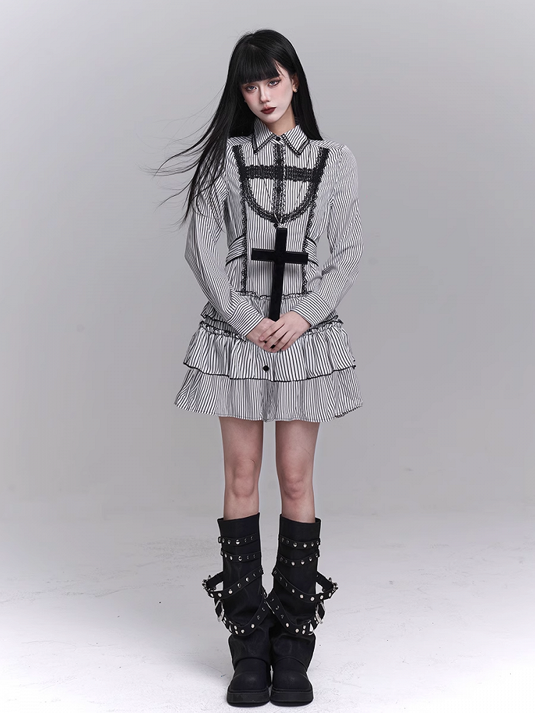 Gothic Lace Cross Tiered Skirt Black and White Striped Shirt Dress
