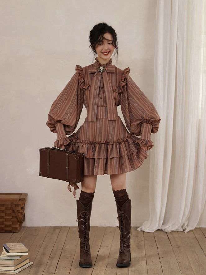 Reddish Brown Vintage Striped Pattern Tiered Ruffle Trim High Waist Skirt