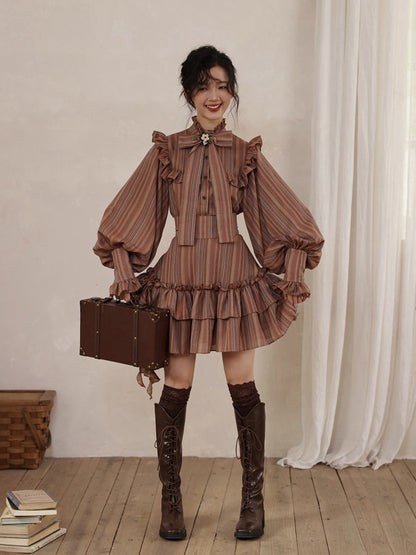 Reddish Brown Vintage Striped Pattern Tiered Ruffle Trim High Waist Skirt