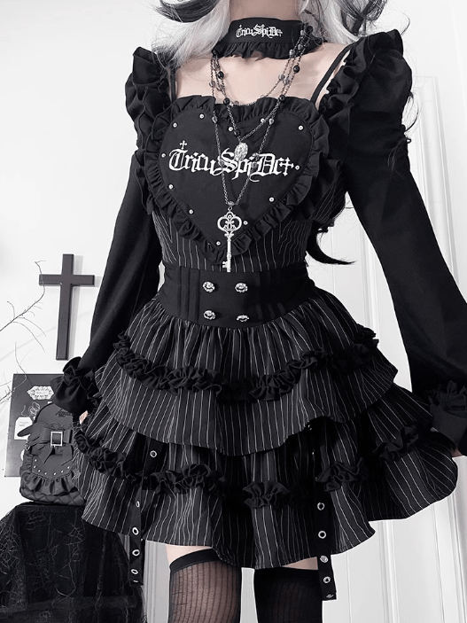 Black Gothic Off-the-shoulder Neckline Letter Print Striped Pattern Bell Sleeves Dress