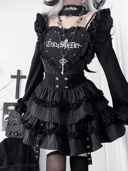 Black Gothic Off-the-shoulder Neckline Letter Print Striped Pattern Bell Sleeves Dress