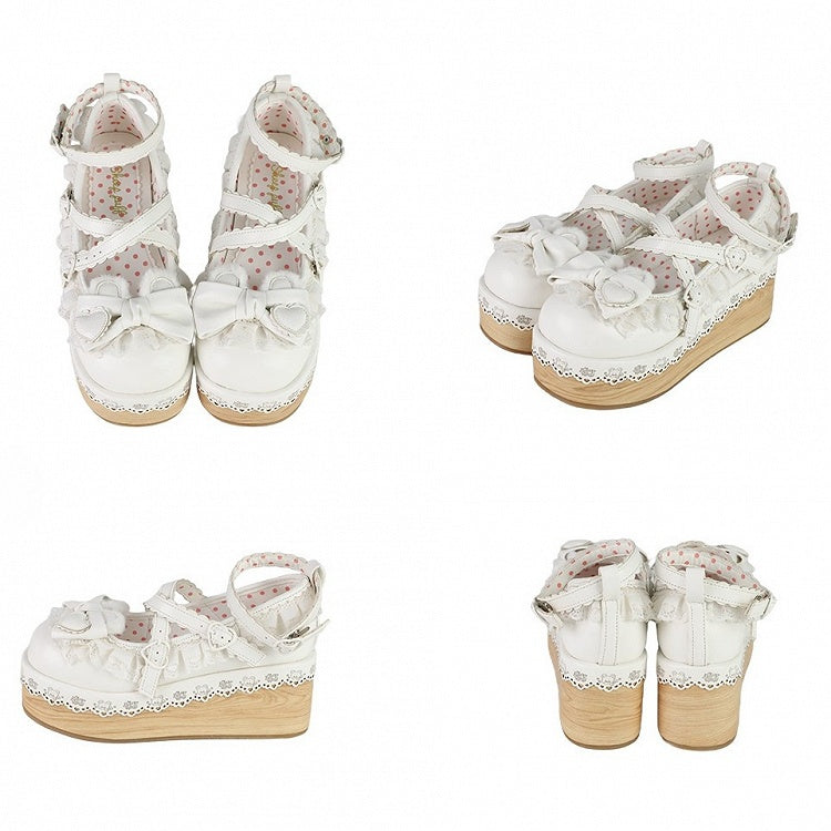 White Crisscross Design Bunny Ear Bow at Top Lace Trim Platforms