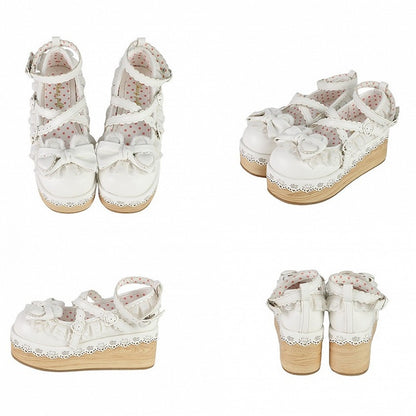 White Crisscross Design Bunny Ear Bow at Top Lace Trim Platforms