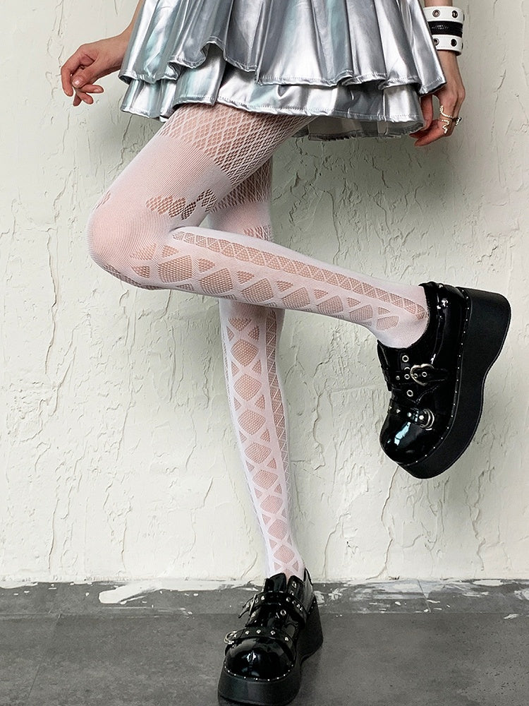 White Y2K Crisscorss Banded Diamond Pattern Tights