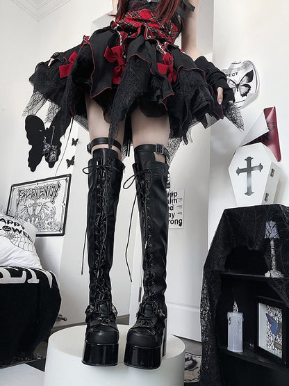 Matte Black Front Lace-up Ties Buckle Straps 12CM Heel Platform Thigh-high Boots