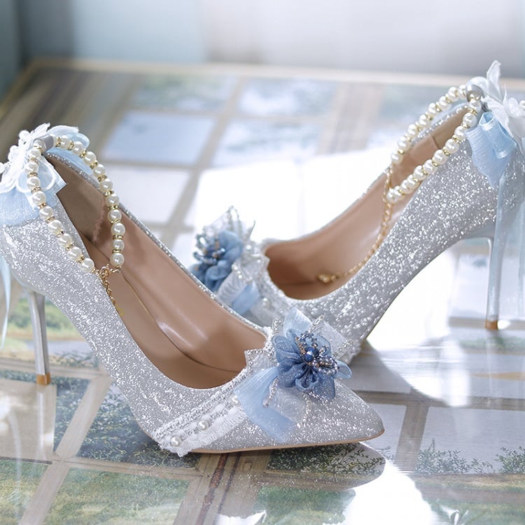 Dark Blue & Silver Glittering Floral Bownknot Detachable Beaded Chain Hime Lolita High Heels