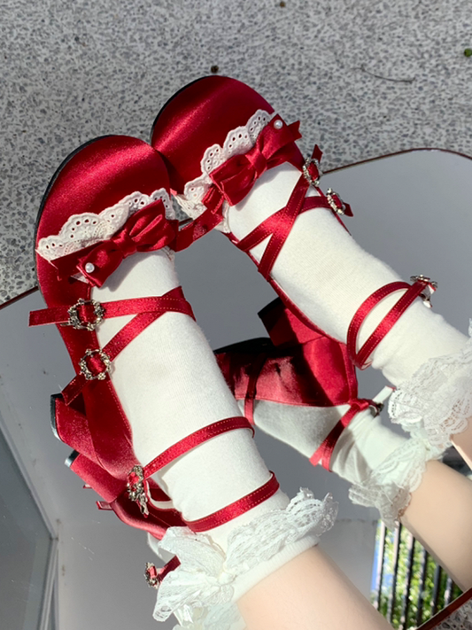 Red Bow at Top Crisscross Buckle Straps Sweet Lolita Block Heel Mary Janes