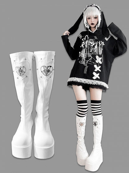 Heart Design Silver-tone Studs White Punk Boots