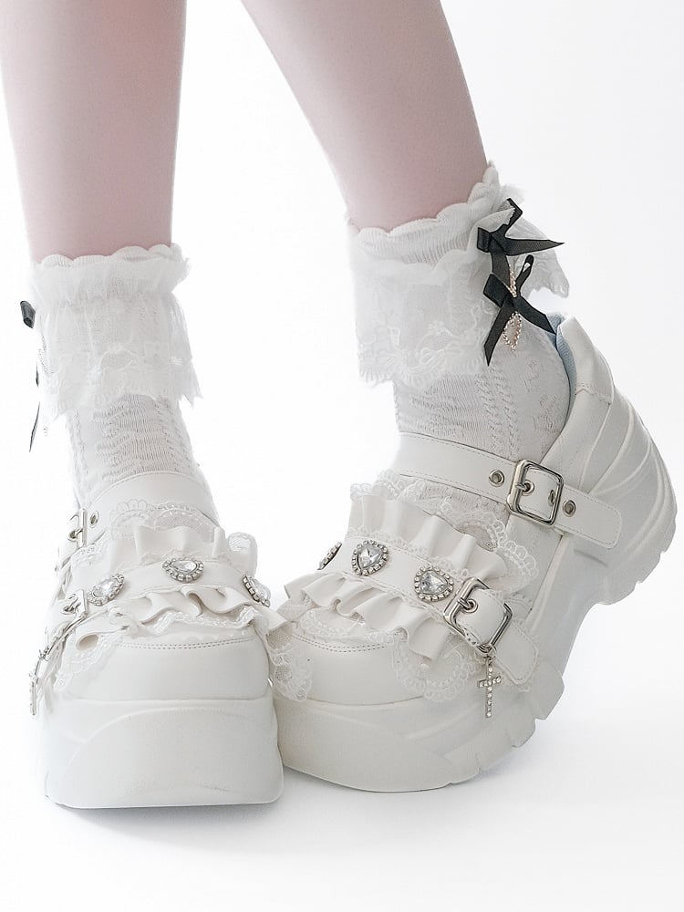 White Bittersweet Rhinestone Heart Details Cross Charm Ruffles Trim Platforms