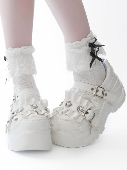 White Bittersweet Rhinestone Heart Details Cross Charm Ruffles Trim Platforms