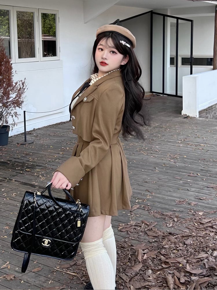 Plus Size - Coffee Preppy High Waist Overalls Suspender Skirt