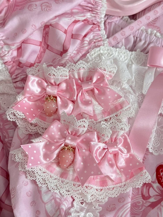 3 Color Options Strawberry Charm Polka-dot Bowknot Details Lace Trim Plaid Pattern Wrist Cuffs