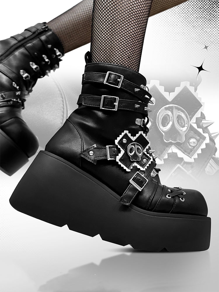 Metal Skull Matte Black Punk Wedge Platform Boots Spike Stud Detailing