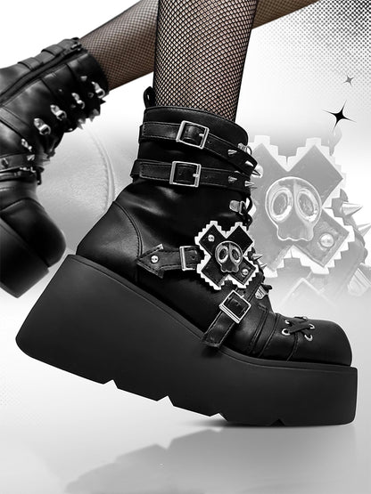 Metal Skull Matte Black Punk Wedge Platform Boots Spike Stud Detailing