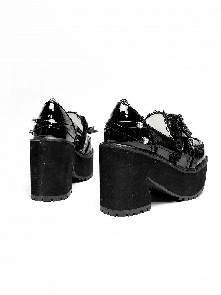 Polished Black Jirai Kei Rhinestone Decorated Bow at Top Lace Trim Platform High Block Heels Slipons