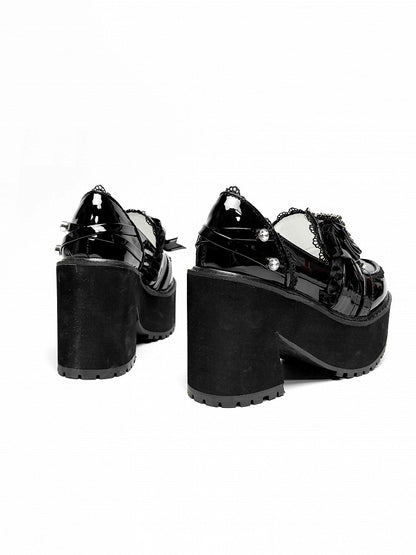 Polished Black Jirai Kei Rhinestone Decorated Bow at Top Lace Trim Platform High Block Heels Slipons
