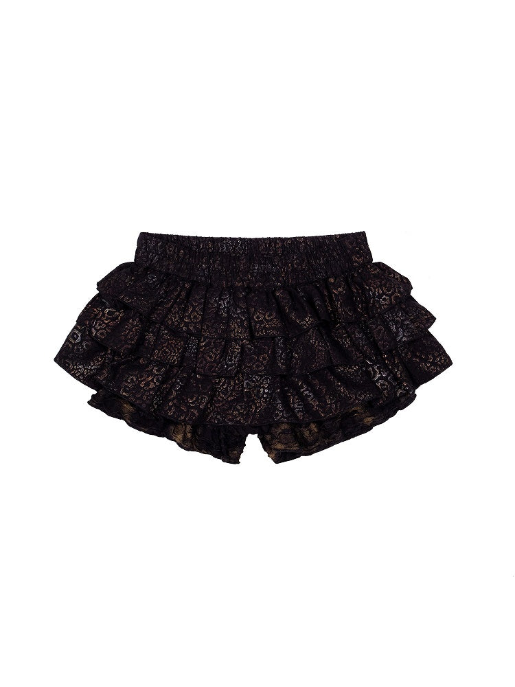 Gyaru Fashion Black Punk Leopard Print Low-Rise Skort with Ruffle Layers & Elastic Waist