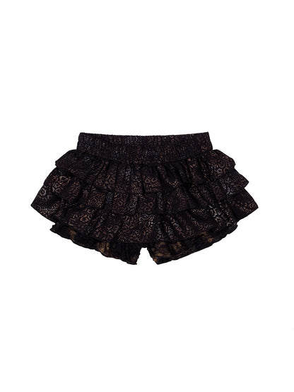 Gyaru Fashion Black Punk Leopard Print Low-Rise Skort with Ruffle Layers & Elastic Waist